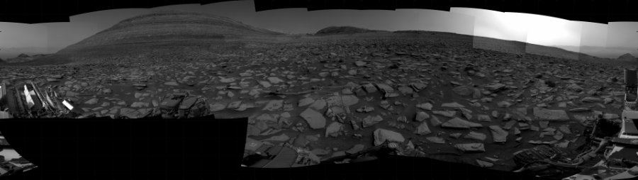 NASA's Mars rover Curiosity took 31 images in Gale Crater using its mast-mounted Right Navigation Camera (Navcam) to create this mosaic. The seam-corrected mosaic provides a 360-degree cylindrical projection panorama of the Martian surface centered at 166 degrees azimuth (measured clockwise from north). Curiosity took the images on December 13, 2023, Sol 4035 of the Mars Science Laboratory mission at drive 812, site number 105. The local mean solar time for the image exposures was 2 PM. Each Navcam image has a 45 degree field of view. CREDIT: NASA/JPL-Caltech