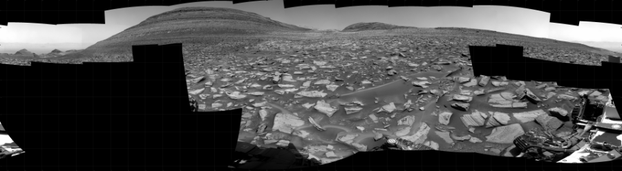 NASA's Mars rover Curiosity took 23 images in Gale Crater using its mast-mounted Right Navigation Camera (Navcam) to create this mosaic. The seam-corrected mosaic provides a 360-degree cylindrical projection panorama of the Martian surface centered at 146 degrees azimuth (measured clockwise from north). Curiosity took the images on December 22, 2023, Sol 4044 of the Mars Science Laboratory mission at drive 1108, site number 105. The local mean solar time for the image exposures was 12 PM. Each Navcam image has a 45 degree field of view. CREDIT: NASA/JPL-Caltech