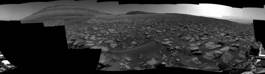 NASA's Mars rover Curiosity took 27 images in Gale Crater using its mast-mounted Right Navigation Camera (Navcam) to create this mosaic. The seam-corrected mosaic provides a 360-degree cylindrical projection panorama of the Martian surface centered at 174 degrees azimuth (measured clockwise from north). Curiosity took the images on January 02, 2024, Sol 4054 of the Mars Science Laboratory mission at drive 1126, site number 105. The local mean solar time for the image exposures was from 1 PM to 2 PM. Each Navcam image has a 45 degree field of view. CREDIT: NASA/JPL-Caltech