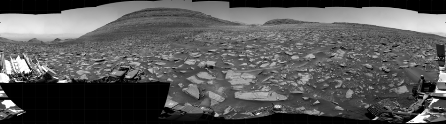 NASA's Mars rover Curiosity took 31 images in Gale Crater using its mast-mounted Right Navigation Camera (Navcam) to create this mosaic. The seam-corrected mosaic provides a 360-degree cylindrical projection panorama of the Martian surface centered at 132 degrees azimuth (measured clockwise from north). Curiosity took the images on January 08, 2024, Sol 4060 of the Mars Science Laboratory mission at drive 1222, site number 105. The local mean solar time for the image exposures was 12 PM. Each Navcam image has a 45 degree field of view. CREDIT: NASA/JPL-Caltech