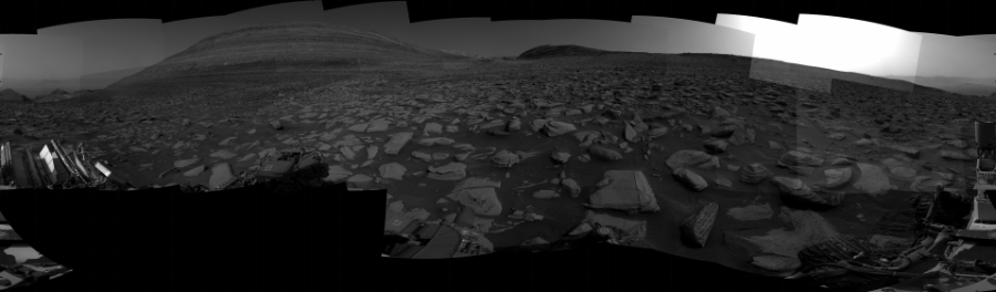 NASA's Mars rover Curiosity took 31 images in Gale Crater using its mast-mounted Right Navigation Camera (Navcam) to create this mosaic. The seam-corrected mosaic provides a 360-degree cylindrical projection panorama of the Martian surface centered at 157 degrees azimuth (measured clockwise from north). Curiosity took the images on January 10, 2024, Sol 4062 of the Mars Science Laboratory mission at drive 1366, site number 105. The local mean solar time for the image exposures was from 2 PM to 3 PM. Each Navcam image has a 45 degree field of view. CREDIT: NASA/JPL-Caltech