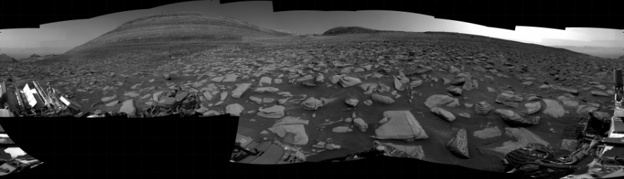NASA's Mars rover Curiosity took 31 images in Gale Crater using its mast-mounted Right Navigation Camera (Navcam) to create this mosaic. The seam-corrected mosaic provides a 360-degree cylindrical projection panorama of the Martian surface centered at 159 degrees azimuth (measured clockwise from north). Curiosity took the images on January 12, 2024, Sol 4064 of the Mars Science Laboratory mission at drive 1414, site number 105. The local mean solar time for the image exposures was from 1 PM to 2 PM. Each Navcam image has a 45 degree field of view. CREDIT: NASA/JPL-Caltech