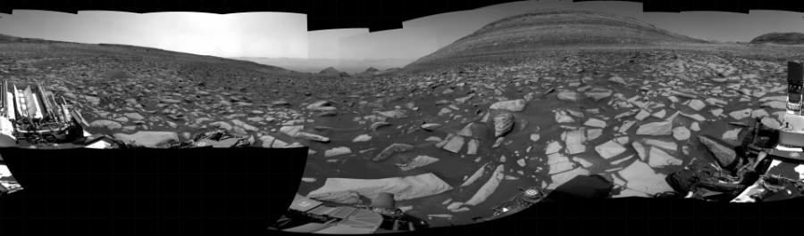 NASA's Mars rover Curiosity took 31 images in Gale Crater using its mast-mounted Right Navigation Camera (Navcam) to create this mosaic. The seam-corrected mosaic provides a 360-degree cylindrical projection panorama of the Martian surface centered at 10 degrees azimuth (measured clockwise from north). Curiosity took the images on January 19, 2024, Sol 4071 of the Mars Science Laboratory mission at drive 1808, site number 105. The local mean solar time for the image exposures was 1 PM. Each Navcam image has a 45 degree field of view. CREDIT: NASA/JPL-Caltech