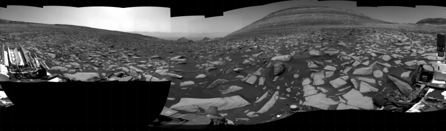 NASA's Mars rover Curiosity took 38 images in Gale Crater using its mast-mounted Right Navigation Camera (Navcam) to create this mosaic. The seam-corrected mosaic provides a 360-degree cylindrical projection panorama of the Martian surface centered at 10 degrees azimuth (measured clockwise from north). Curiosity took the images on January 21, 2024, Sols 4073-4071 of the Mars Science Laboratory mission at drive 1808, site number 105. The local mean solar time for the image exposures was from 1 PM to 12 PM. Each Navcam image has a 45 degree field of view. CREDIT: NASA/JPL-Caltech