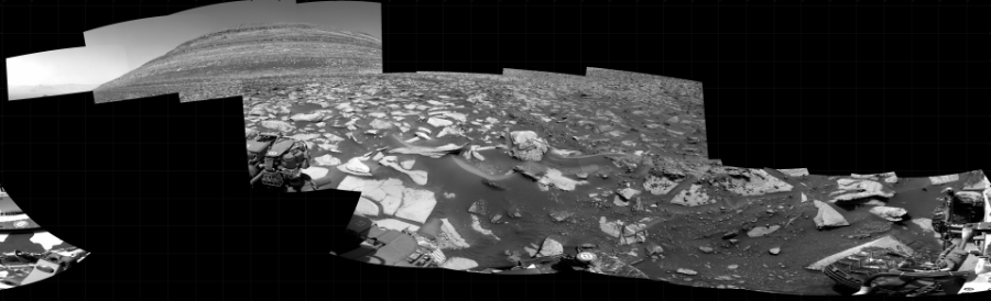 NASA's Mars rover Curiosity took 16 images in Gale Crater using its mast-mounted Right Navigation Camera (Navcam) to create this mosaic. The seam-corrected mosaic provides a 360-degree cylindrical projection panorama of the Martian surface centered at 159 degrees azimuth (measured clockwise from north). Curiosity took the images on January 22, 2024, Sol 4074 of the Mars Science Laboratory mission at drive 1994, site number 105. The local mean solar time for the image exposures was from 1 PM to 2 PM. Each Navcam image has a 45 degree field of view. CREDIT: NASA/JPL-Caltech