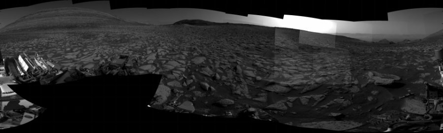 NASA's Mars rover Curiosity took 31 images in Gale Crater using its mast-mounted Right Navigation Camera (Navcam) to create this mosaic. The seam-corrected mosaic provides a 360-degree cylindrical projection panorama of the Martian surface centered at 206 degrees azimuth (measured clockwise from north). Curiosity took the images on January 24, 2024, Sol 4076 of the Mars Science Laboratory mission at drive 2222, site number 105. The local mean solar time for the image exposures was from 3 PM to 4 PM. Each Navcam image has a 45 degree field of view. CREDIT: NASA/JPL-Caltech