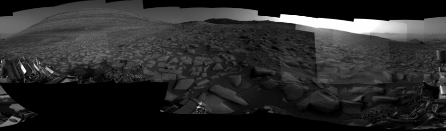 NASA's Mars rover Curiosity took 31 images in Gale Crater using its mast-mounted Right Navigation Camera (Navcam) to create this mosaic. The seam-corrected mosaic provides a 360-degree cylindrical projection panorama of the Martian surface centered at 185 degrees azimuth (measured clockwise from north). Curiosity took the images on January 26, 2024, Sol 4078 of the Mars Science Laboratory mission at drive 2450, site number 105. The local mean solar time for the image exposures was from 3 PM to 4 PM. Each Navcam image has a 45 degree field of view. CREDIT: NASA/JPL-Caltech
