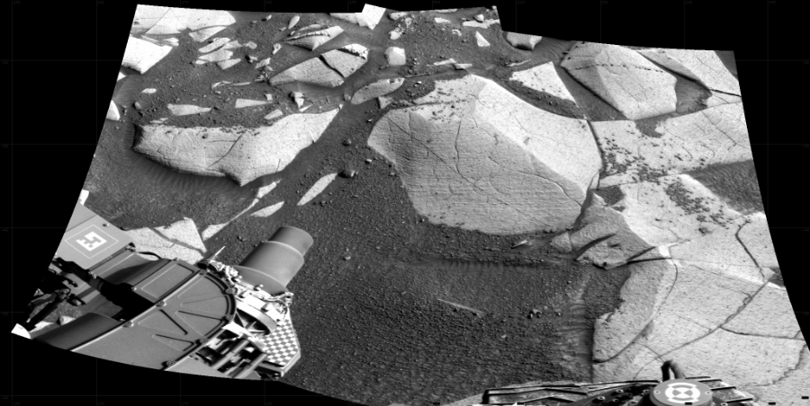 NASA's Mars rover Curiosity took 2 images in Gale Crater using its mast-mounted Right Navigation Camera (Navcam) to create this mosaic. The seam-corrected mosaic provides a 97-degree cylindrical projection panorama of the Martian surface centered at 197 degrees azimuth (measured clockwise from north). Curiosity took the images on January 28, 2024, Sol 4080 of the Mars Science Laboratory mission at drive 2780, site number 105. The local mean solar time for the image exposures was 3 PM. Each Navcam image has a 45 degree field of view. CREDIT: NASA/JPL-Caltech