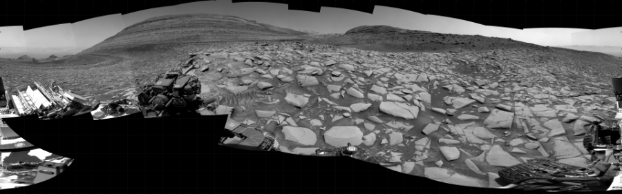 NASA's Mars rover Curiosity took 31 images in Gale Crater using its mast-mounted Right Navigation Camera (Navcam) to create this mosaic. The seam-corrected mosaic provides a 360-degree cylindrical projection panorama of the Martian surface centered at 146 degrees azimuth (measured clockwise from north). Curiosity took the images on January 31, 2024, Sol 4083 of the Mars Science Laboratory mission at drive 2924, site number 105. The local mean solar time for the image exposures was from 1 PM to 12 PM. Each Navcam image has a 45 degree field of view. CREDIT: NASA/JPL-Caltech