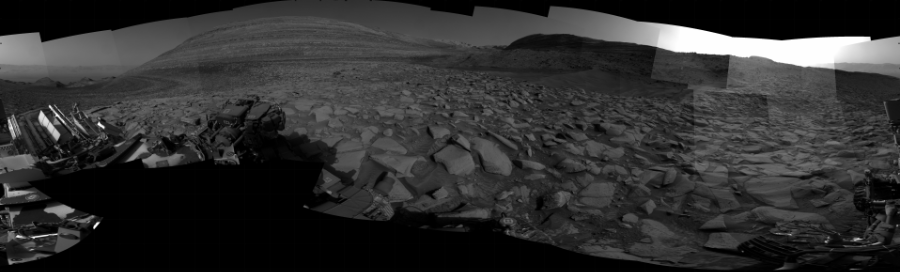 NASA's Mars rover Curiosity took 31 images in Gale Crater using its mast-mounted Right Navigation Camera (Navcam) to create this mosaic. The seam-corrected mosaic provides a 360-degree cylindrical projection panorama of the Martian surface centered at 142 degrees azimuth (measured clockwise from north). Curiosity took the images on February 02, 2024, Sol 4084 of the Mars Science Laboratory mission at drive 3002, site number 105. The local mean solar time for the image exposures was from 3 PM to 4 PM. Each Navcam image has a 45 degree field of view. CREDIT: NASA/JPL-Caltech