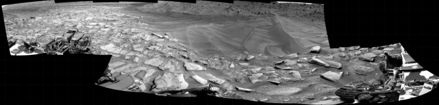 NASA's Mars rover Curiosity took 15 images in Gale Crater using its mast-mounted Right Navigation Camera (Navcam) to create this mosaic. The seam-corrected mosaic provides a 348-degree cylindrical projection panorama of the Martian surface centered at 190 degrees azimuth (measured clockwise from north). Curiosity took the images on February 06, 2024, Sol 4088 of the Mars Science Laboratory mission at drive 3134, site number 105. The local mean solar time for the image exposures was 2 PM. Each Navcam image has a 45 degree field of view. CREDIT: NASA/JPL-Caltech