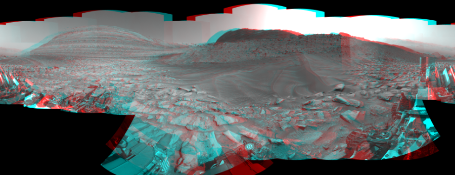 NASA's Mars rover Curiosity took 31 image pairs in Gale Crater using its mast-mounted Navigation Camera (Navcam) to create this mosaic. The seam-corrected mosaic provides a 1-degree cylindrical perspective projection panorama of the Martian surface suitable for stereo viewing, centered at 207 degrees azimuth (measured clockwise from north). This anaglyph must be viewed with red/blue glasses (red over left eye).  Curiosity took the images on February 06, 2024, Sol 4088 of the Mars Science Laboratory mission at drive 3134, site number 105. The local mean solar time for the image exposures was from 2 PM to 4 PM. Each Navcam image has a 45-degree field of view. CREDIT: NASA/JPL-Caltech