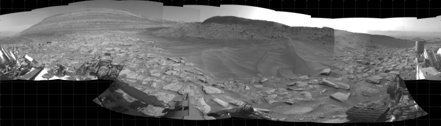 NASA's Mars rover Curiosity took 31 images in Gale Crater using its mast-mounted Left Navigation Camera (Navcam) to create this mosaic. The seam-corrected mosaic provides a 360-degree cylindrical projection panorama of the Martian surface centered at 180 degrees azimuth (measured clockwise from north). Curiosity took the images on February 06, 2024, Sol 4088 of the Mars Science Laboratory mission at drive 3134, site number 105. The local mean solar time for the image exposures was from 2 PM to 4 PM. Each Navcam image has a 45 degree field of view. CREDIT: NASA/JPL-Caltech