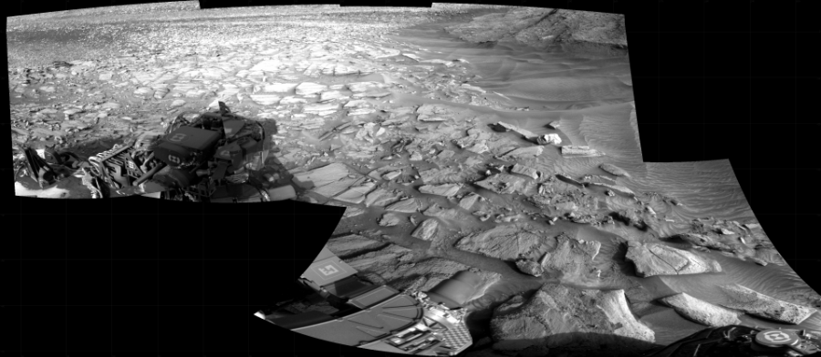NASA's Mars rover Curiosity took 6 images in Gale Crater using its mast-mounted Right Navigation Camera (Navcam) to create this mosaic. The seam-corrected mosaic provides a 180-degree cylindrical projection panorama of the Martian surface centered at 116 degrees azimuth (measured clockwise from north). Curiosity took the images on February 07, 2024, Sol 4089 of the Mars Science Laboratory mission at drive 0, site number 106. The local mean solar time for the image exposures was 4 PM. Each Navcam image has a 45 degree field of view. CREDIT: NASA/JPL-Caltech