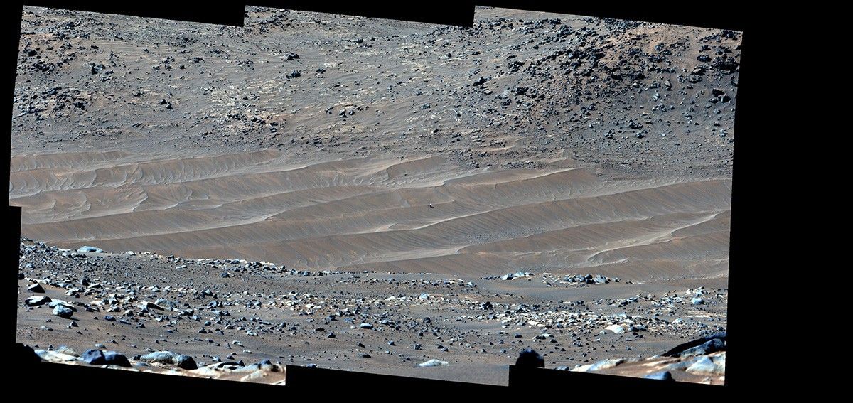 NASA’s Perseverance Mars rover captured this mosaic showing the Ingenuity Mars Helicopter at its final airfield on Feb. 4, 2024.