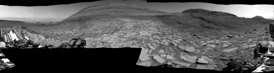NASA's Mars rover Curiosity took 29 images in Gale Crater using its mast-mounted Right Navigation Camera (Navcam) to create this mosaic. The seam-corrected mosaic provides a 360-degree cylindrical projection panorama of the Martian surface centered at 107 degrees azimuth (measured clockwise from north). Curiosity took the images on February 14, 2024, Sol 4096 of the Mars Science Laboratory mission at drive 270, site number 106. The local mean solar time for the image exposures was 1 PM. Each Navcam image has a 45 degree field of view. CREDIT: NASA/JPL-Caltech