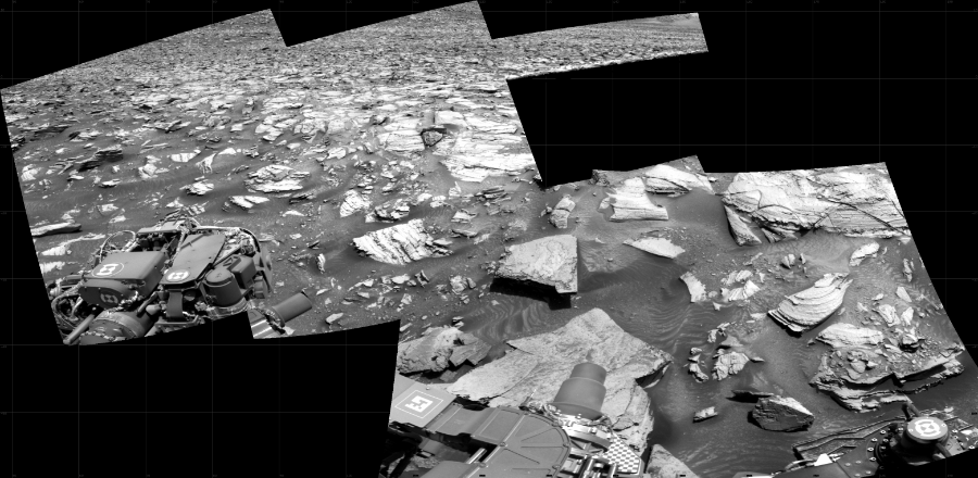 NASA's Mars rover Curiosity took 5 images in Gale Crater using its mast-mounted Right Navigation Camera (Navcam) to create this mosaic. The seam-corrected mosaic provides a 147-degree cylindrical projection panorama of the Martian surface centered at 122 degrees azimuth (measured clockwise from north). Curiosity took the images on February 20, 2024, Sol 4102 of the Mars Science Laboratory mission at drive 660, site number 106. The local mean solar time for the image exposures was 1 PM. Each Navcam image has a 45 degree field of view. CREDIT: NASA/JPL-Caltech