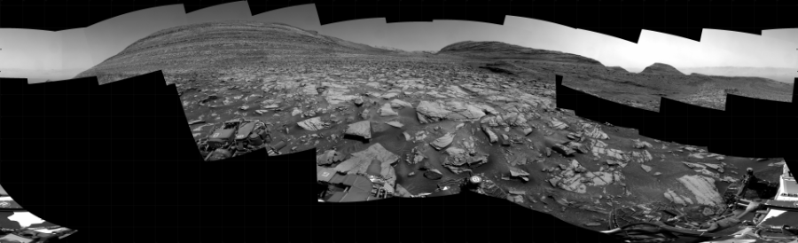 NASA's Mars rover Curiosity took 24 images in Gale Crater using its mast-mounted Right Navigation Camera (Navcam) to create this mosaic. The seam-corrected mosaic provides a 360-degree cylindrical projection panorama of the Martian surface centered at 150 degrees azimuth (measured clockwise from north). Curiosity took the images on February 20, 2024, Sol 4102 of the Mars Science Laboratory mission at drive 660, site number 106. The local mean solar time for the image exposures was 1 PM. Each Navcam image has a 45 degree field of view. CREDIT: NASA/JPL-Caltech