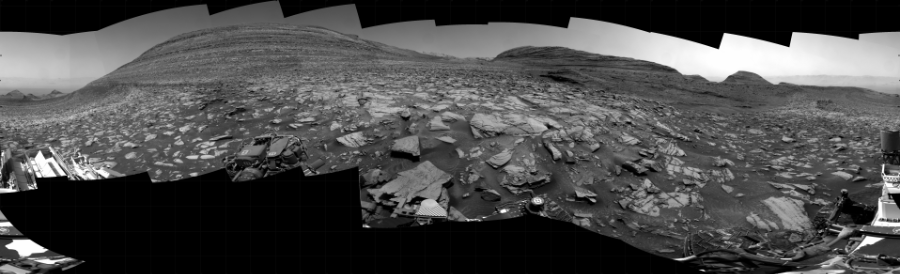 NASA's Mars rover Curiosity took 33 images in Gale Crater using its mast-mounted Right Navigation Camera (Navcam) to create this mosaic. The seam-corrected mosaic provides a 360-degree cylindrical projection panorama of the Martian surface centered at 150 degrees azimuth (measured clockwise from north). Curiosity took the images on February 23, 2024, Sols 4105-4102 of the Mars Science Laboratory mission at drive 660, site number 106. The local mean solar time for the image exposures was from 1 PM to 12 PM. Each Navcam image has a 45 degree field of view. CREDIT: NASA/JPL-Caltech