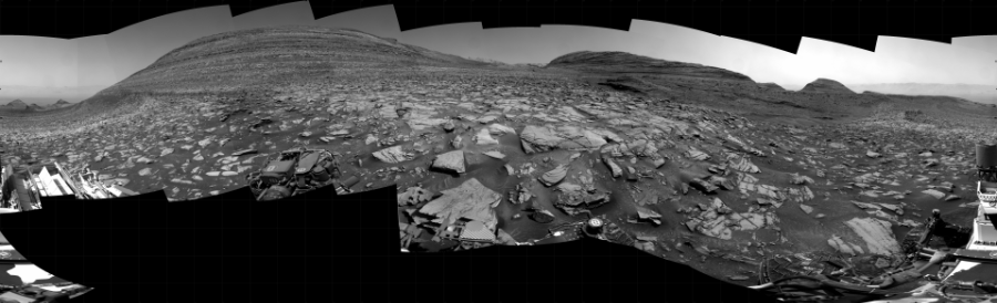 NASA's Mars rover Curiosity took 34 images in Gale Crater using its mast-mounted Right Navigation Camera (Navcam) to create this mosaic. The seam-corrected mosaic provides a 360-degree cylindrical projection panorama of the Martian surface centered at 150 degrees azimuth (measured clockwise from north). Curiosity took the images on February 25, 2024, Sols 4107-4102 of the Mars Science Laboratory mission at drive 660, site number 106. The local mean solar time for the image exposures was from 1 PM to 2 PM. Each Navcam image has a 45 degree field of view. CREDIT: NASA/JPL-Caltech