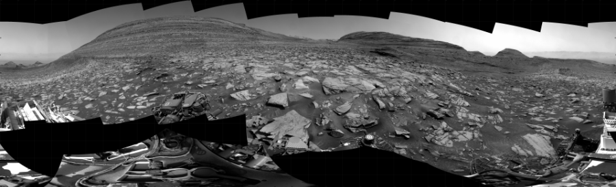 NASA's Mars rover Curiosity took 37 images in Gale Crater using its mast-mounted Right Navigation Camera (Navcam) to create this mosaic. The seam-corrected mosaic provides a 360-degree cylindrical projection panorama of the Martian surface centered at 150 degrees azimuth (measured clockwise from north). Curiosity took the images on February 26, 2024, Sols 4108-4102 of the Mars Science Laboratory mission at drive 660, site number 106. The local mean solar time for the image exposures was from 1 PM to 3 PM. Each Navcam image has a 45 degree field of view. CREDIT: NASA/JPL-Caltech