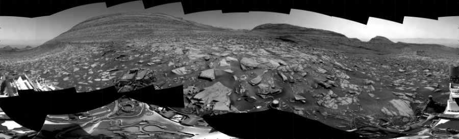 NASA's Mars rover Curiosity took 38 images in Gale Crater using its mast-mounted Right Navigation Camera (Navcam) to create this mosaic. The seam-corrected mosaic provides a 360-degree cylindrical projection panorama of the Martian surface centered at 150 degrees azimuth (measured clockwise from north). Curiosity took the images on February 28, 2024, Sols 4110-4102 of the Mars Science Laboratory mission at drive 660, site number 106. The local mean solar time for the image exposures was from 11 AM to 1 PM. Each Navcam image has a 45 degree field of view. CREDIT: NASA/JPL-Caltech