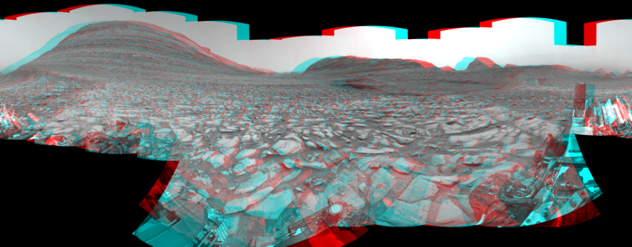 NASA's Mars rover Curiosity took 30 image pairs in Gale Crater using its mast-mounted Navigation Camera (Navcam) to create this mosaic. The seam-corrected mosaic provides a 360-degree cylindrical perspective projection panorama of the Martian surface suitable for stereo viewing, centered at 33 degrees azimuth (measured clockwise from north). This anaglyph must be viewed with red/blue glasses (red over left eye).  Curiosity took the images on March 18, 2024, Sol 4128 of the Mars Science Laboratory mission at drive 708, site number 106. The local mean solar time for the image exposures was 1 PM. Each Navcam image has a 45-degree field of view. CREDIT: NASA/JPL-Caltech