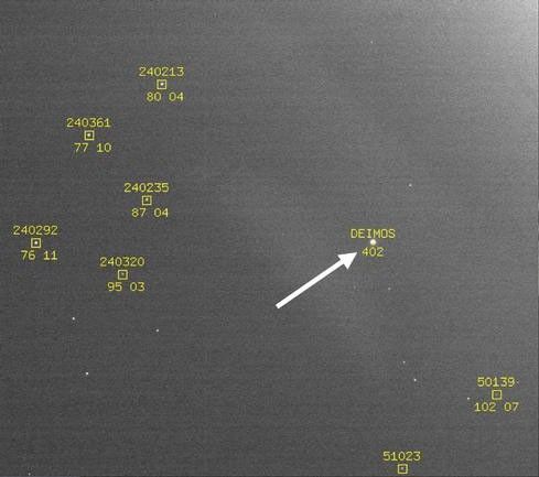 Position of the Martian moon Deimos against a background of stars, taken by a MRO instrument