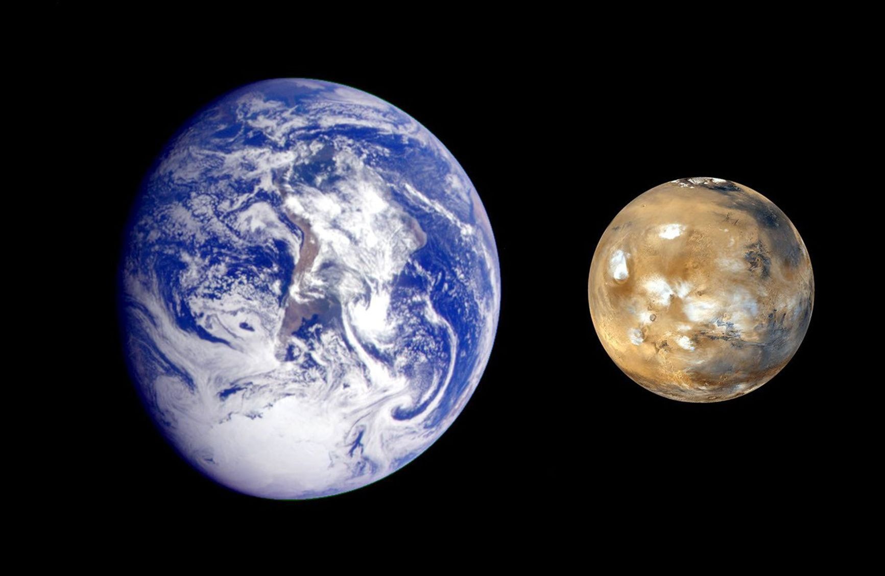 This composite image of Earth and Mars was created to allow viewers to gain a better understanding of the relative sizes of the two planets.