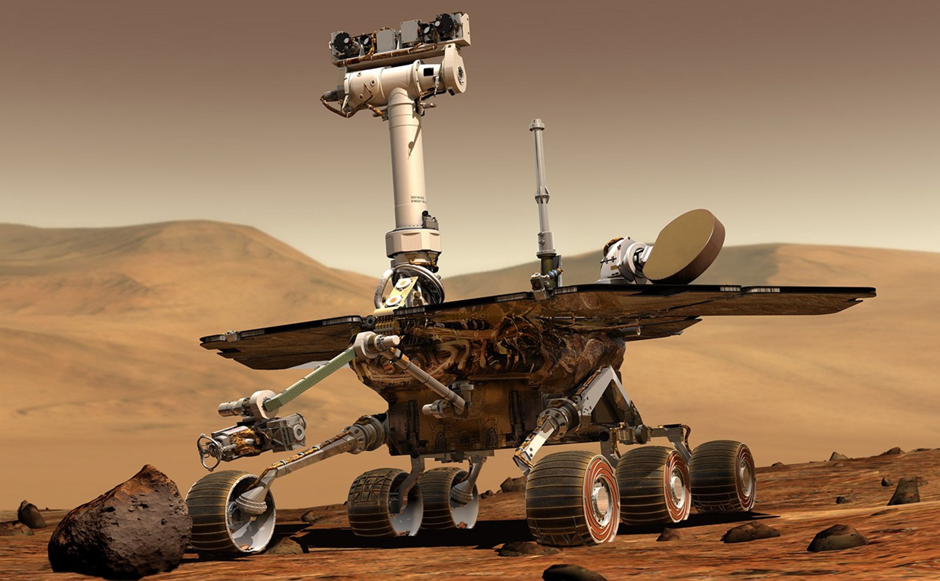 An artist's concept portrays a NASA Mars Exploration Rover on the surface of Mars.