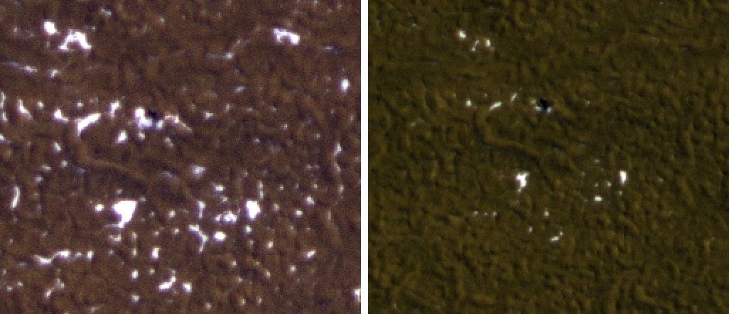 Stages in the seasonal disappearance of surface ice from the ground around the Phoenix Mars Lander are visible in these images taken on Feb. 8, 2010, (left) and Feb. 25, 2010, during springtime on northern Mars.
