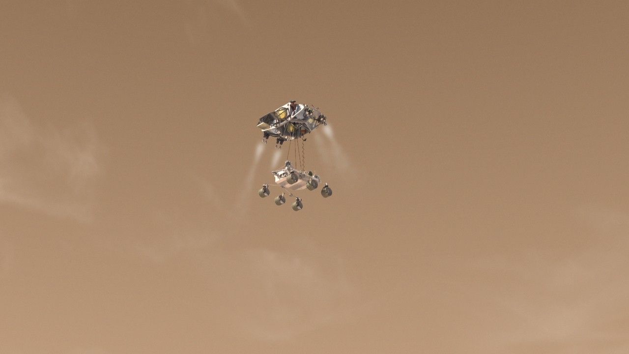 Artist's concept of Curiosity as it is being lowered for landing.