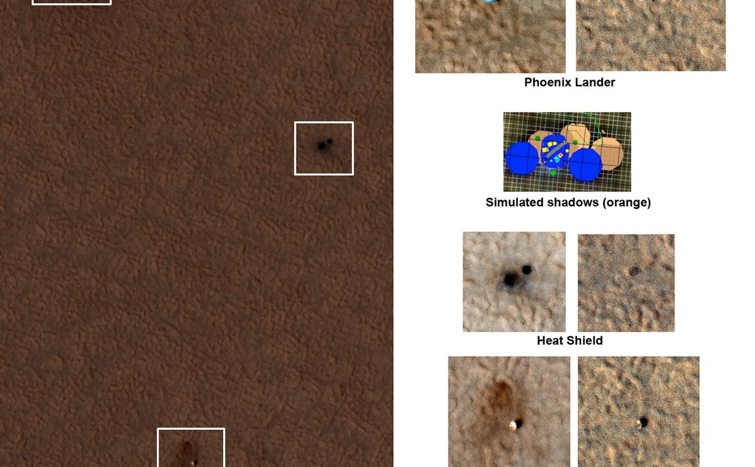 This set of images shows "before" and "after" images of NASA's Phoenix Mars Lander taken by the High Resolution Imaging Science Experiment (HiRISE) camera on NASA's Mars Reconnaissance Orbiter.