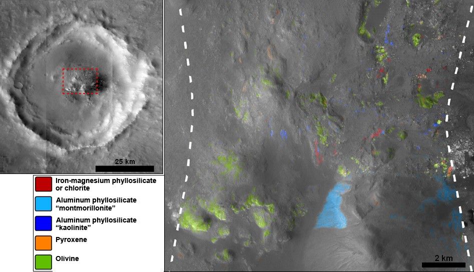 Stokes Crater, pictured here, is one of at least nine craters in the northern lowlands of Mars with exposures of hydrated minerals detected from orbit.