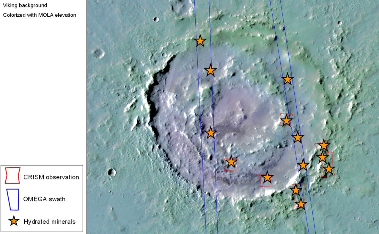 Lyot Crater, pictured here, is one of at least nine craters in the northern lowlands of Mars with exposures of hydrated minerals detected from orbit.