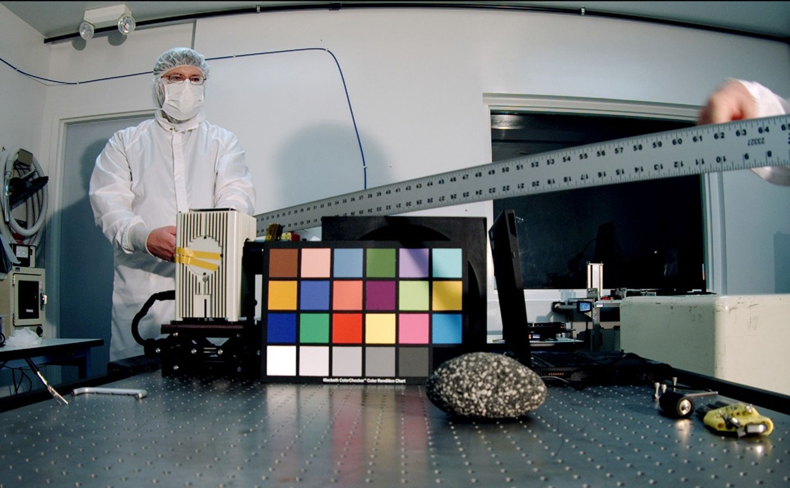 The Mars Descent Imager for NASA's Mars Science Laboratory took this image inside the Malin Space Science Systems clean room in San Diego, Calif., during calibration testing of the camera in June 2008.