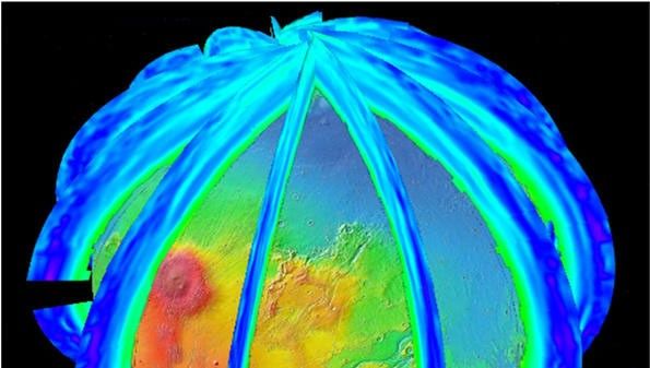 The Mars Climate Sounder instrument on NASA's Mars Reconnaissance Orbiter maps the vertical distribution of temperatures, dust, water vapor and ice clouds in the Martian atmosphere as the orbiter flies a near-polar orbit.