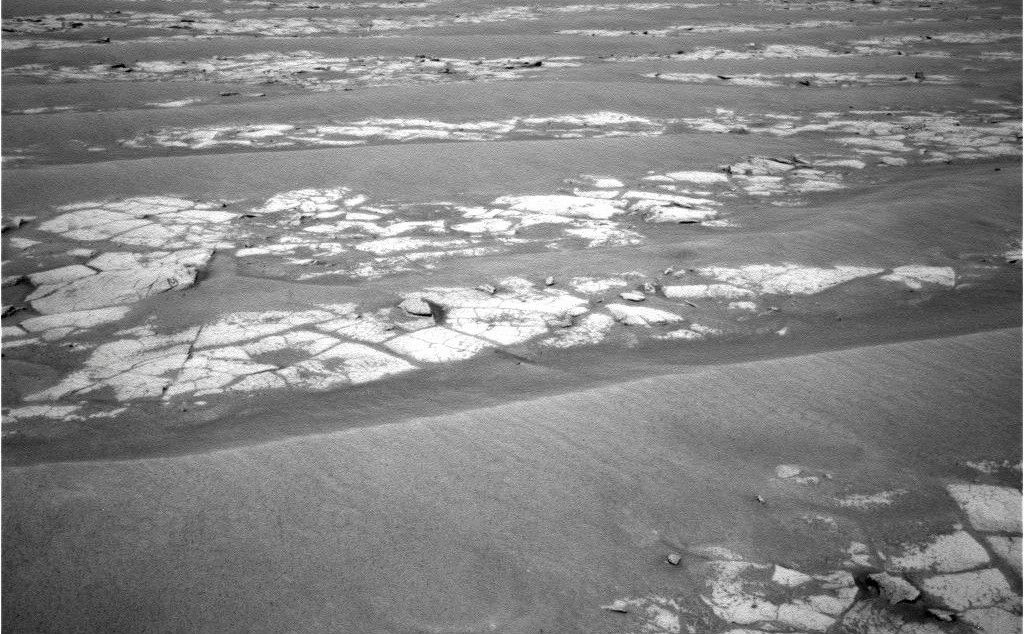 NASA's Mars Exploration Rover Opportunity used its navigation camera to record this view at the end of a 111-meter (364-foot) drive on the 2,353rd Martian day, or sol, of the rover's mission on Mars (Sept. 6, 2010).