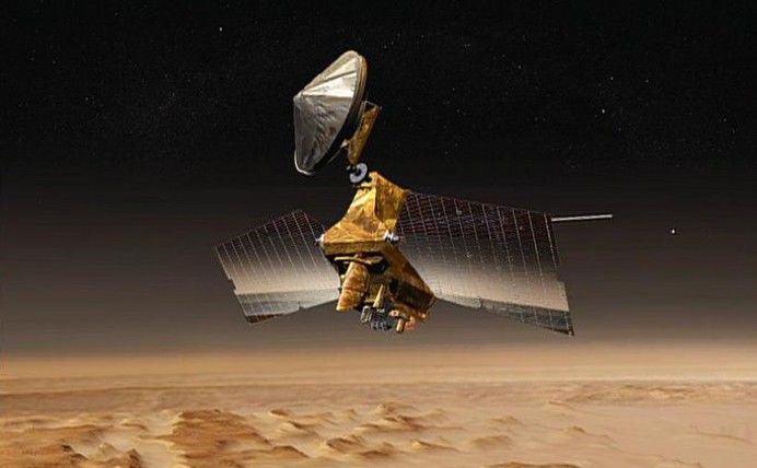 This artist's concept shows NASA's Mars Reconnaissance Orbiter mission over the red planet.