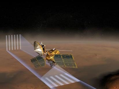 This artist's concept of NASA's Mars Reconnaissance Orbiter at Mars features one of its instruments -- the Mars Climate Sounder -- in action.