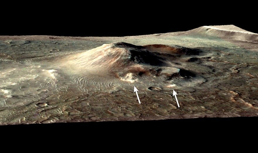 This volcanic cone in the Nili Patera caldera on Mars has hydrothermal mineral deposits on the southern flanks and nearby terrains.