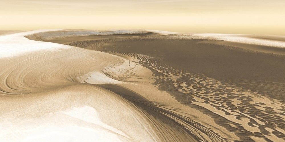 Chasma Boreale is a long, flat-floored valley that cuts deep into Mars' north polar icecap