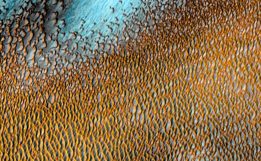 A sea of dark dunes, sculpted by the wind into long lines, surrounds the northern polar cap covering an area as big as Texas.