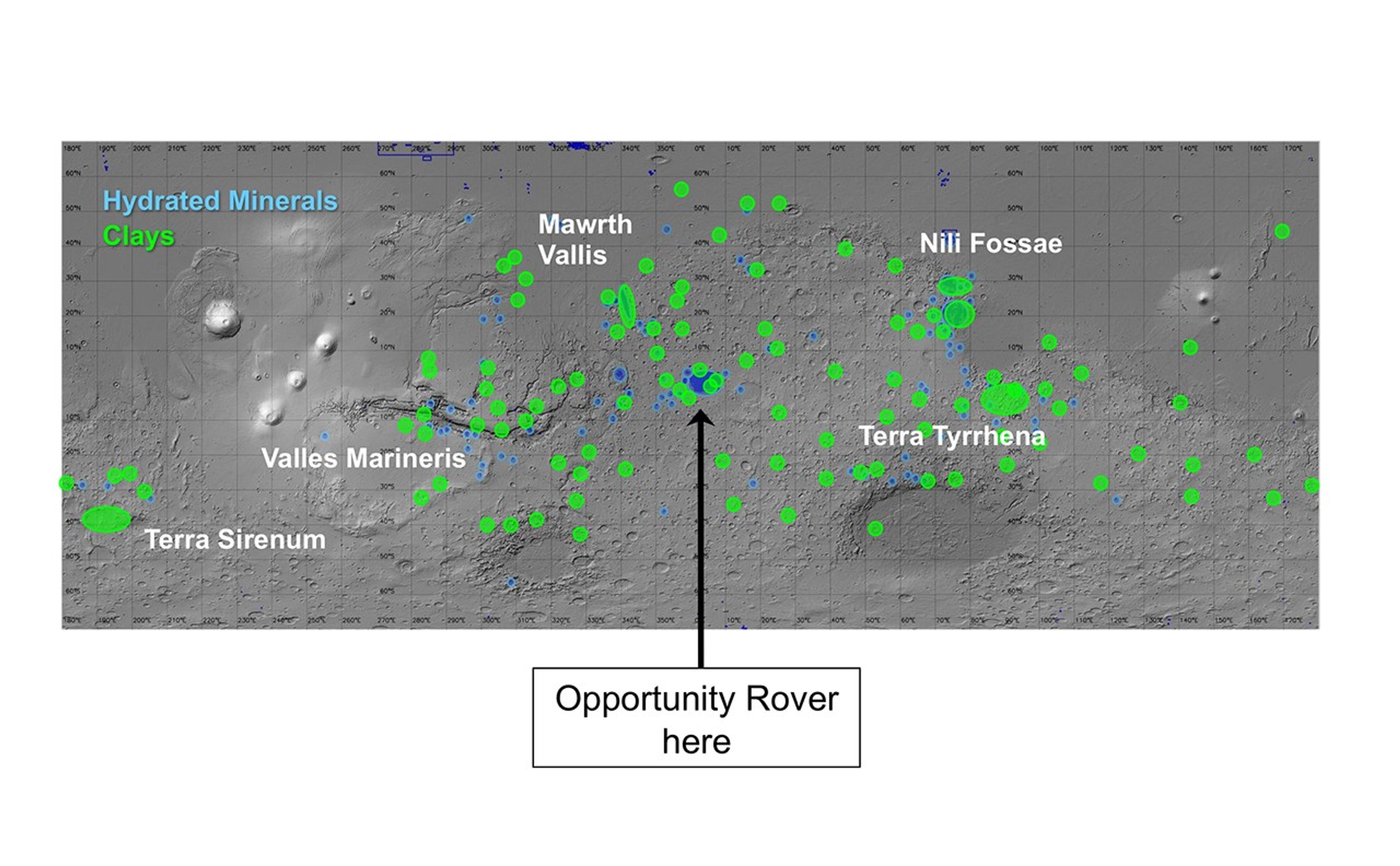 Regions of Mars with Clays and Hydrated Minerals Identified from Orbit