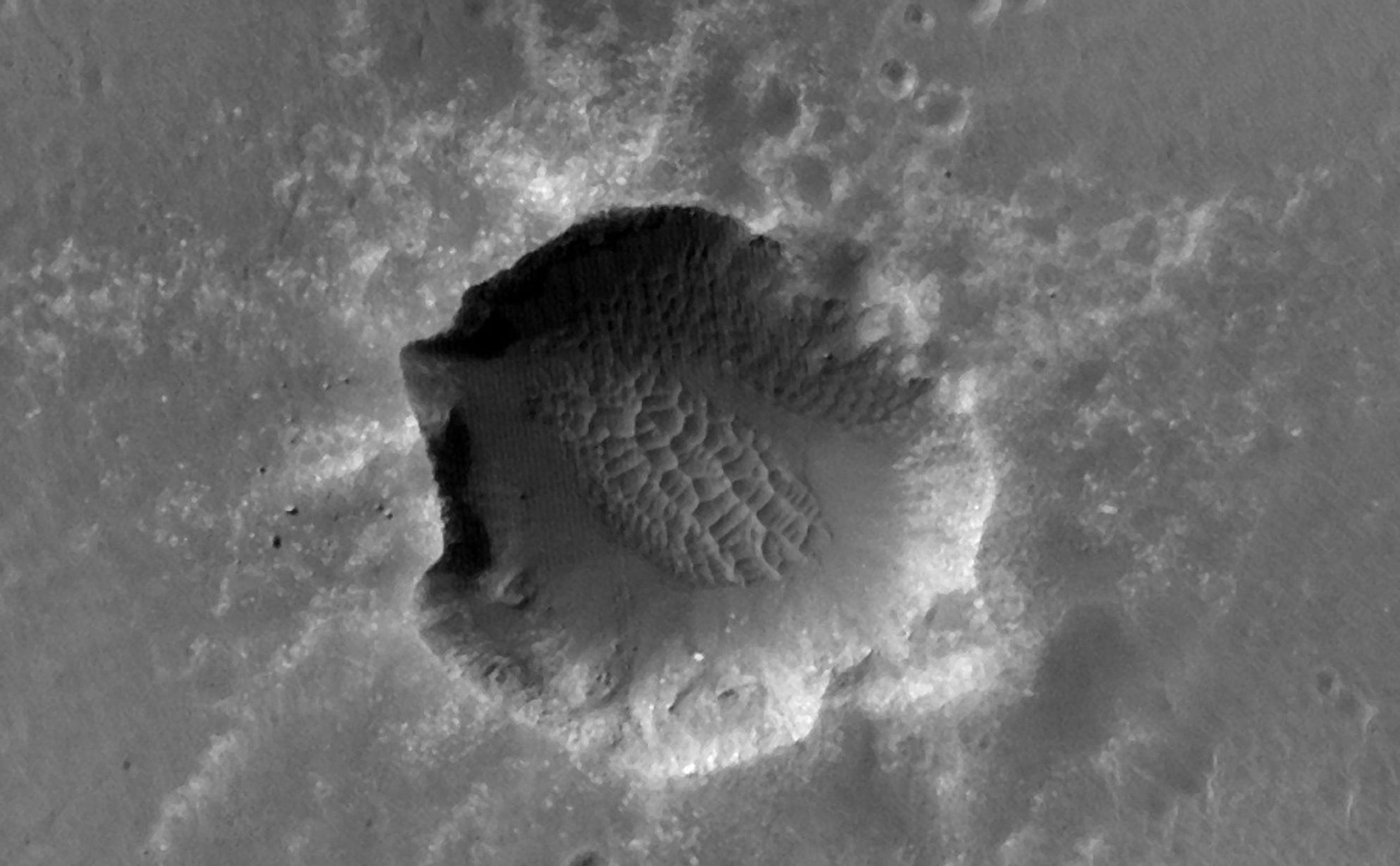 This image of Santa Maria Crater was taken by the High Resolution Imaging Science Experiment (HiRISE) camera on Mars Reconnaissance Orbiter.