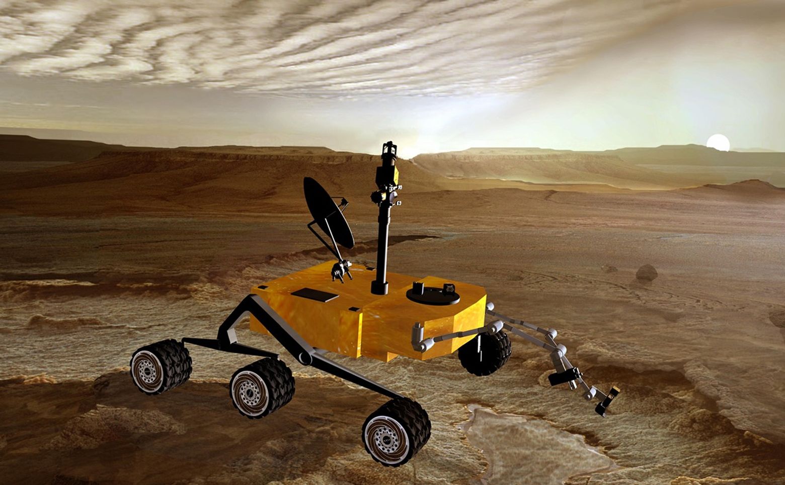 Sunset on Mars catches NASA's Mars Science Laboratory in the foreground in this artist's concept. The mission is under development for launch in 2009 and a precision landing on Mars in 2010.