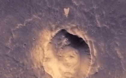 This picture of a heart-shaped feature in Arabia Terra on Mars was taken on May 23, 2010, by the Context Camera (CTX) on NASA's Mars Reconnaissance Orbiter.