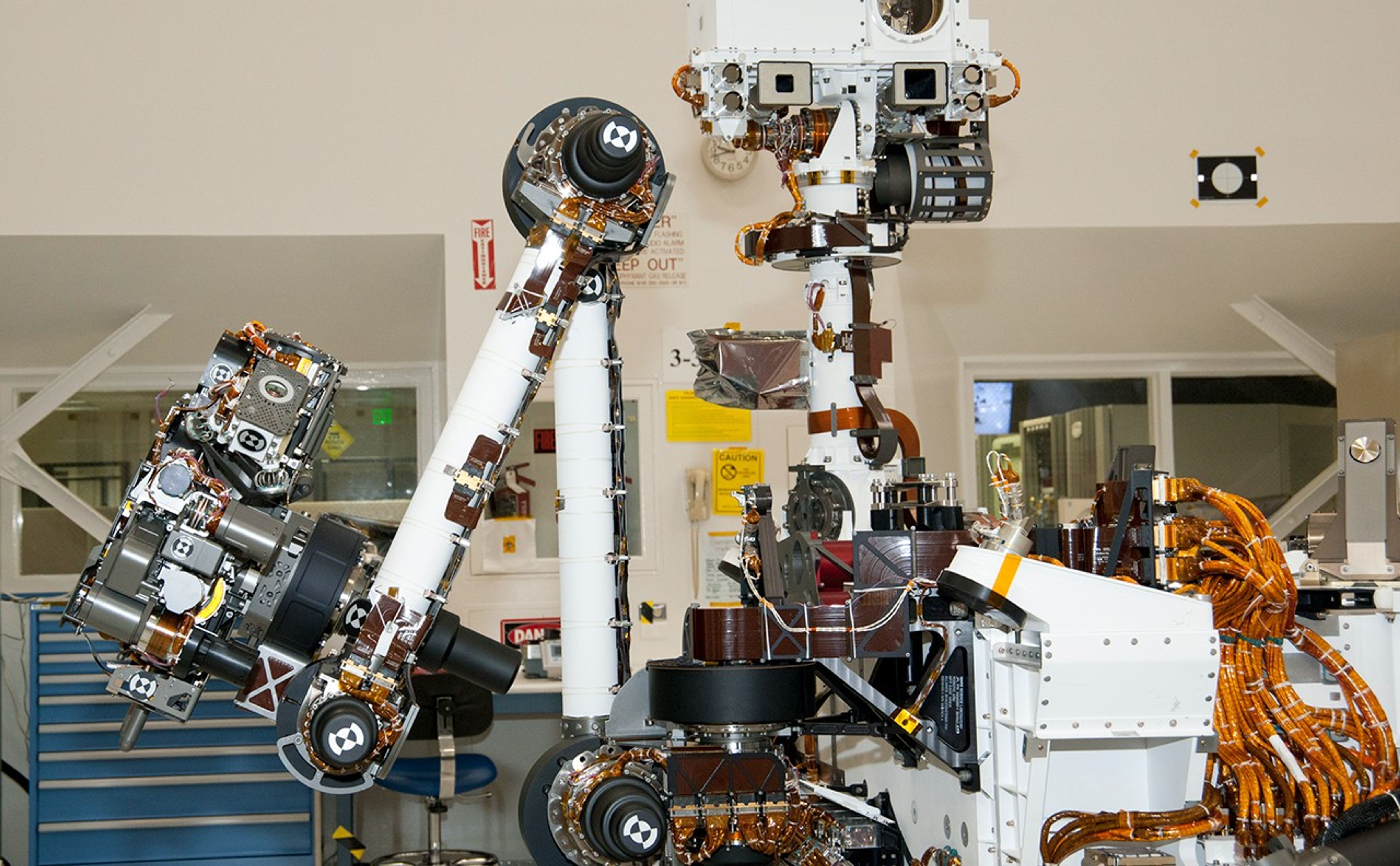 The arm and the remote sensing mast of the Mars rover Curiosity each carry science instruments and other tools for NASA's Mars Science Laboratory mission.