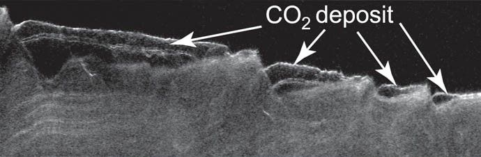 This cross-section view of underground layers near Mars' south pole is a radargram based on data from the Shallow Subsurface Radar (SHARAD) instrument on NASA's Mars Reconnaissance Orbiter