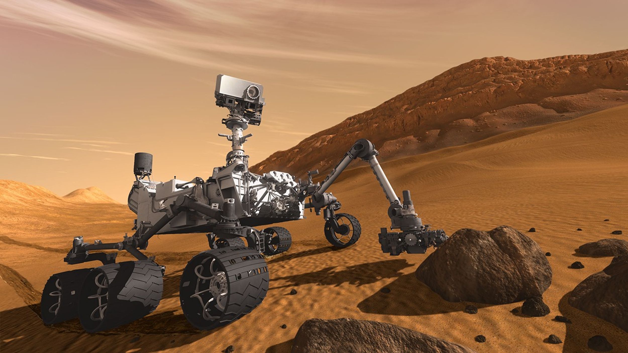 This artist concept features NASA's Mars Science Laboratory Curiosity rover, a mobile robot for investigating Mars' past or present ability to sustain microbial life.